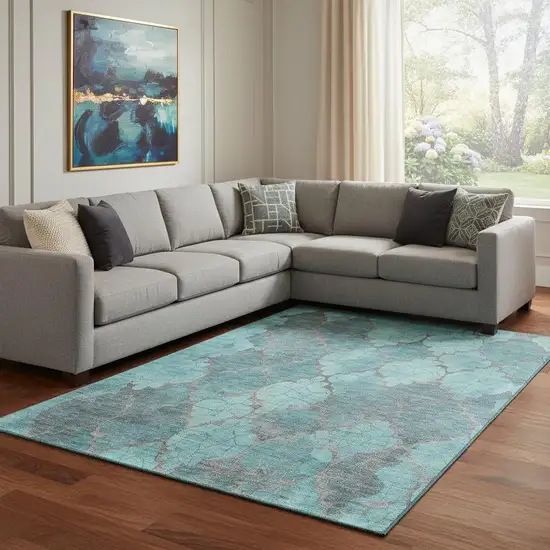 Teal And Taupe Damask Washable Area Rug With UV Protection Photo 2