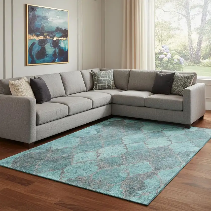 Teal And Taupe Damask Washable Area Rug With UV Protection Photo 2