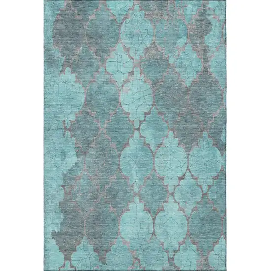 Teal And Taupe Damask Washable Area Rug With UV Protection Photo 2
