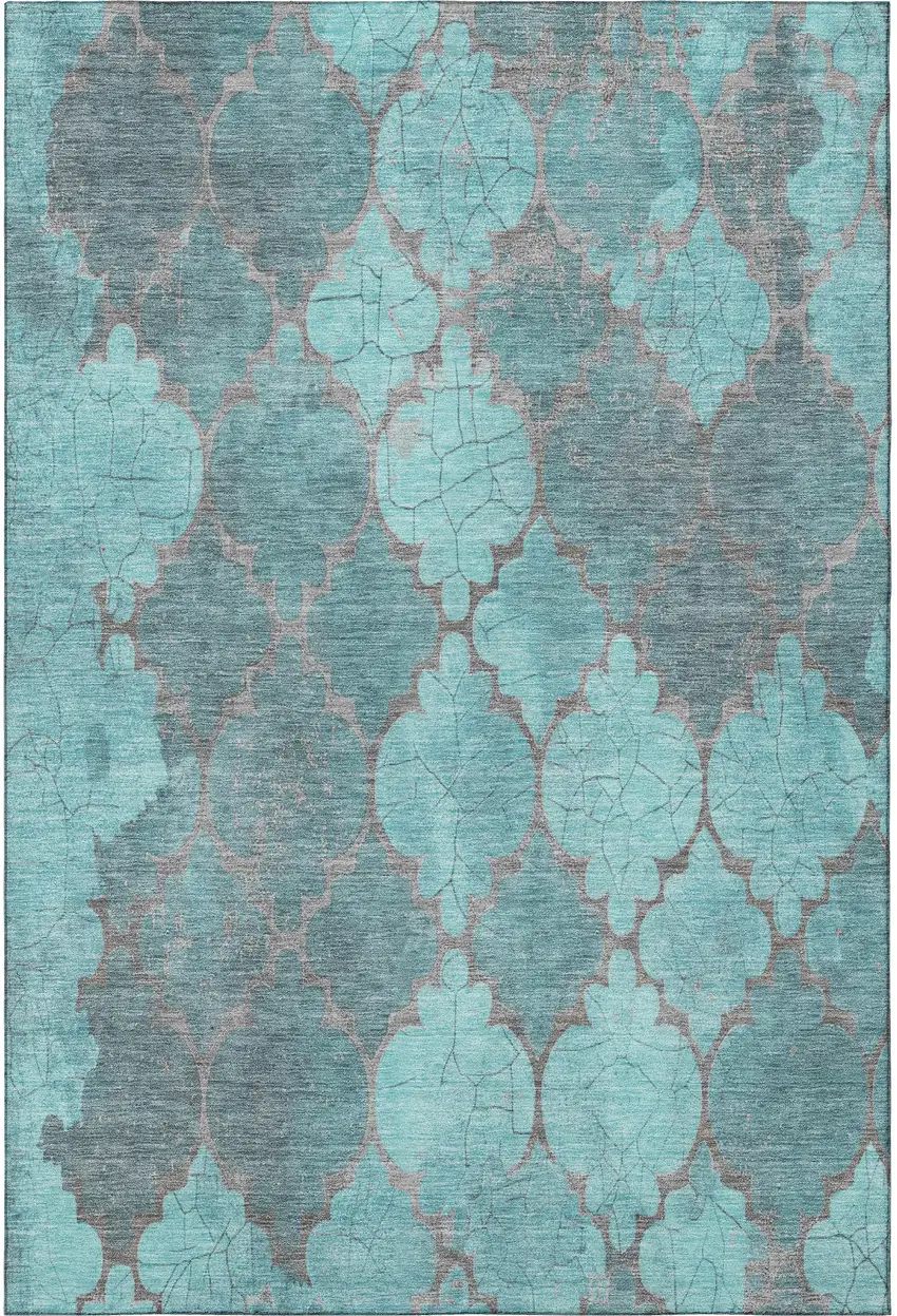 Teal And Taupe Damask Washable Area Rug With UV Protection Photo 2