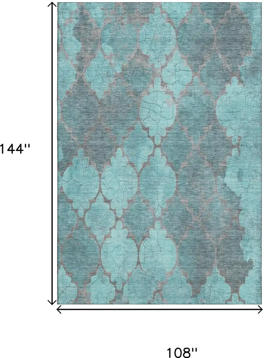 Teal And Taupe Damask Washable Area Rug With UV Protection Photo 9