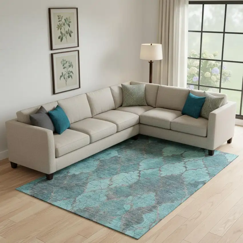 Teal And Taupe Damask Washable Area Rug With UV Protection Photo 2