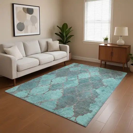 Teal And Taupe Damask Washable Area Rug With UV Protection Photo 3