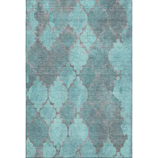 Teal And Taupe Damask Washable Area Rug With UV Protection Photo 1