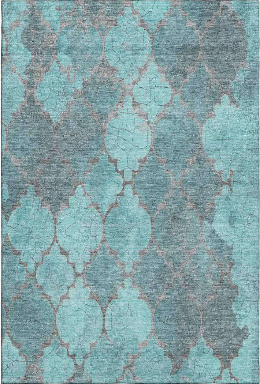 Teal And Taupe Damask Washable Area Rug With UV Protection Photo 1