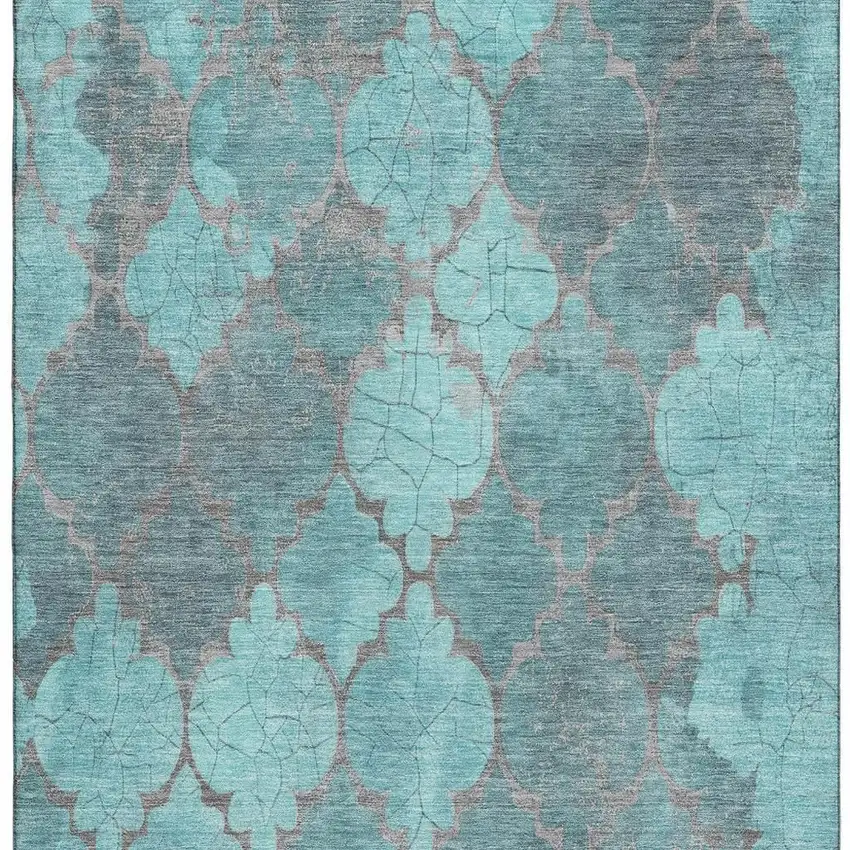 Teal And Taupe Damask Washable Area Rug With UV Protection Photo 3