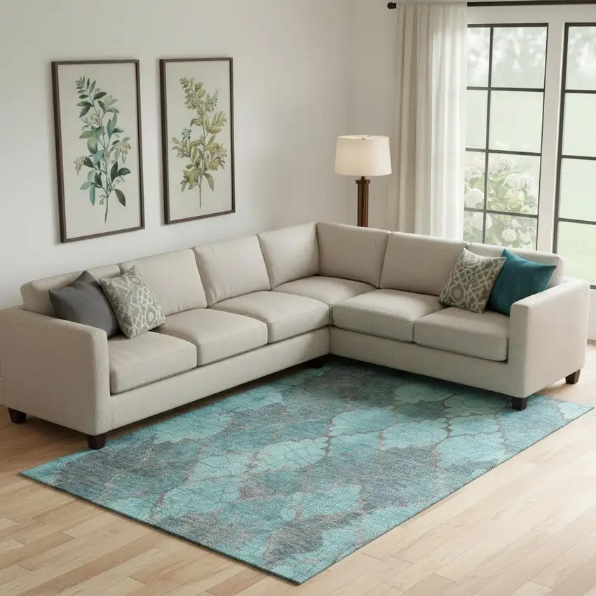 Teal And Taupe Damask Washable Area Rug With UV Protection Photo 2