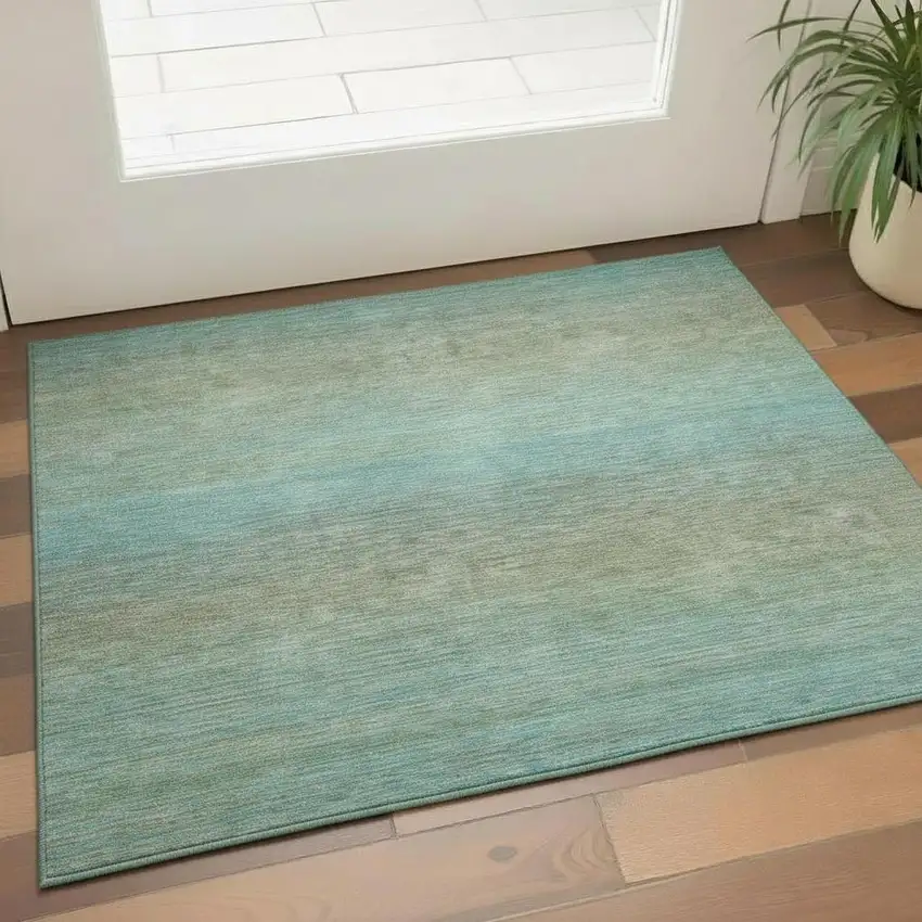 Teal And Taupe Striped Washable Area Rug With UV Protection Photo 2