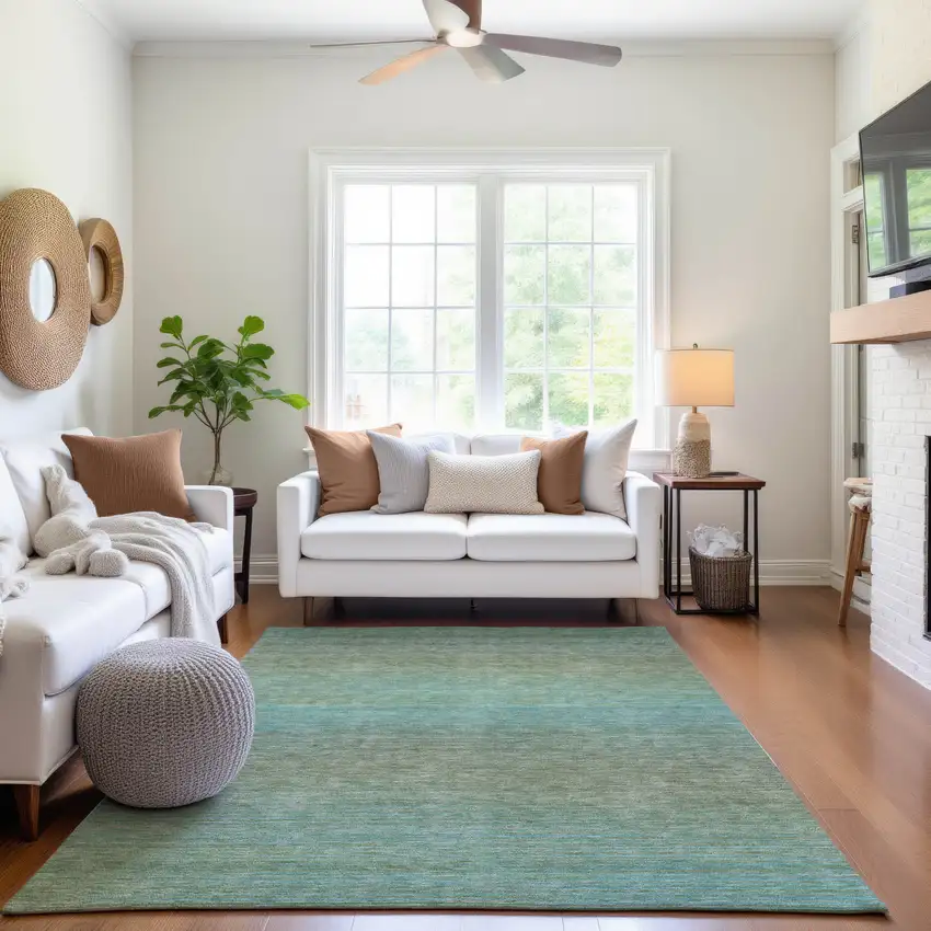 Teal And Taupe Striped Washable Area Rug With UV Protection Photo 4