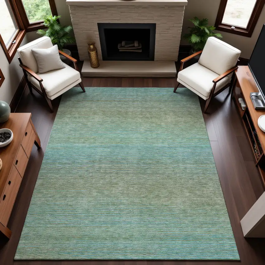 Teal And Taupe Striped Washable Area Rug With UV Protection Photo 3