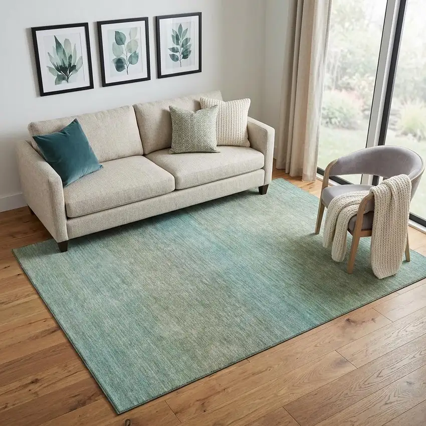 Teal And Taupe Striped Washable Area Rug With UV Protection Photo 1