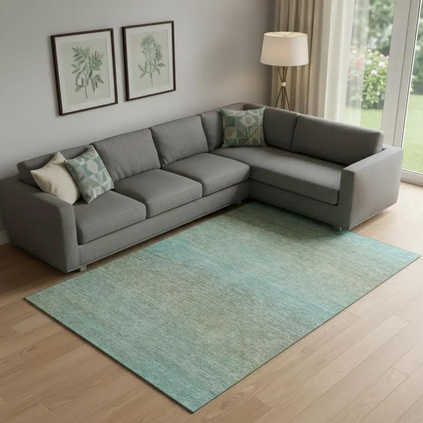 Teal And Taupe Striped Washable Area Rug With UV Protection Photo 2