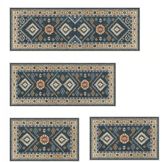 Teal And White Oriental Washable Area Rug Photo 3