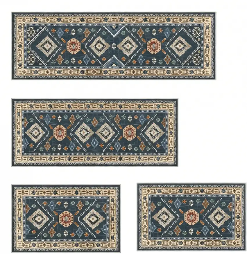 Teal And White Oriental Washable Area Rug Photo 3