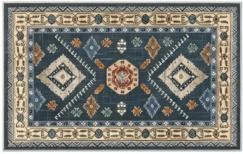 Teal And White Oriental Washable Area Rug Photo 2