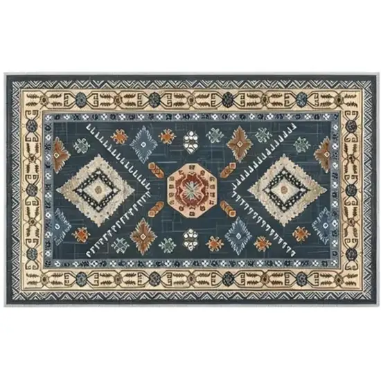Teal And White Oriental Washable Area Rug Photo 2
