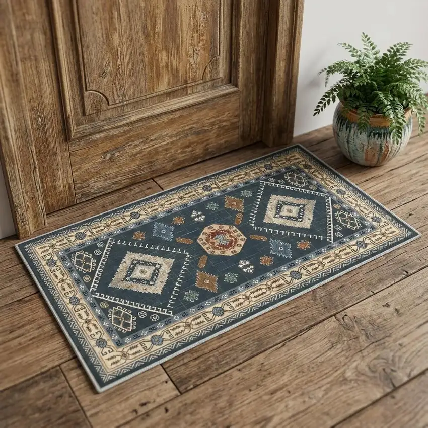 Teal And White Oriental Washable Area Rug Photo 1