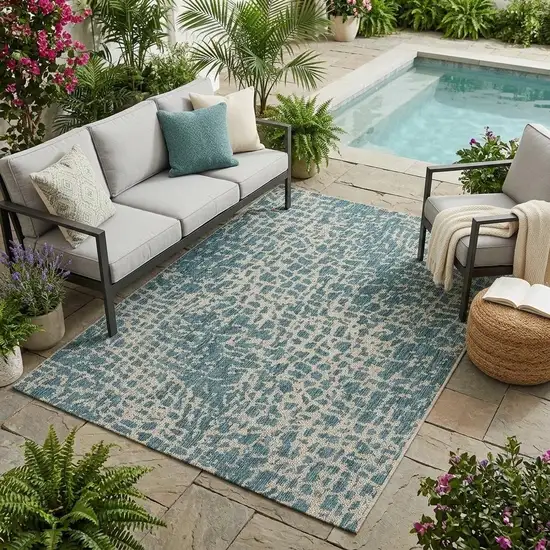 Teal Blue Abstract Indoor Outdoor Area Rug Photo 1