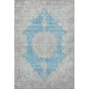 Photo of Teal Aqua And Gray Oriental Washable Area Rug With UV Protection
