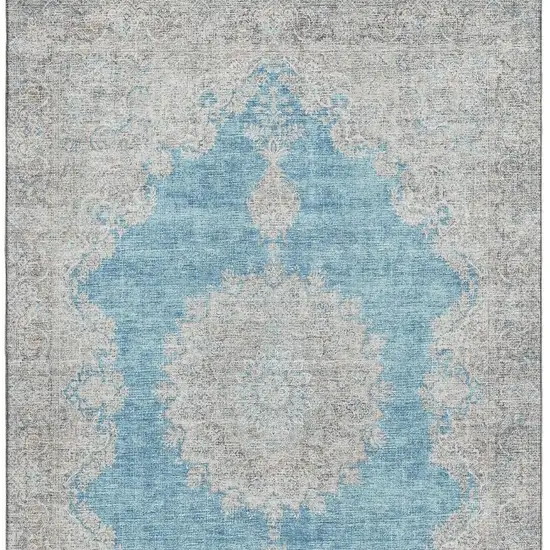 Teal Aqua And Gray Oriental Washable Area Rug With UV Protection Photo 3