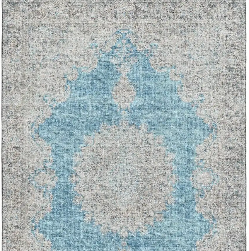 Teal Aqua And Gray Oriental Washable Area Rug With UV Protection Photo 3