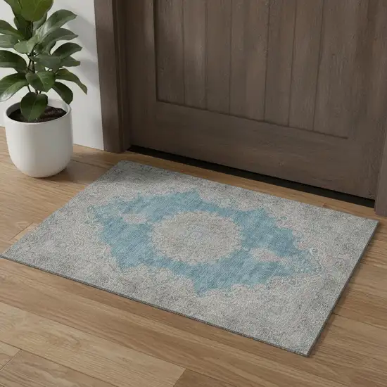 Teal Aqua And Gray Oriental Washable Area Rug With UV Protection Photo 1