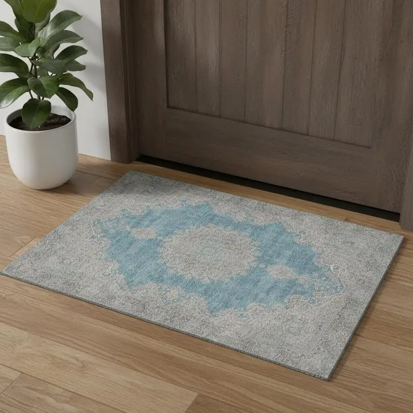 Teal Aqua And Gray Oriental Washable Area Rug With UV Protection Photo 1