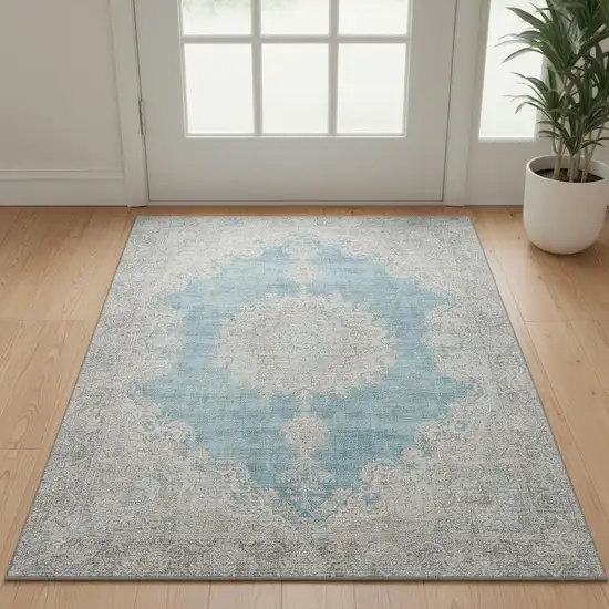 Teal Aqua And Gray Oriental Washable Area Rug With UV Protection Photo 2