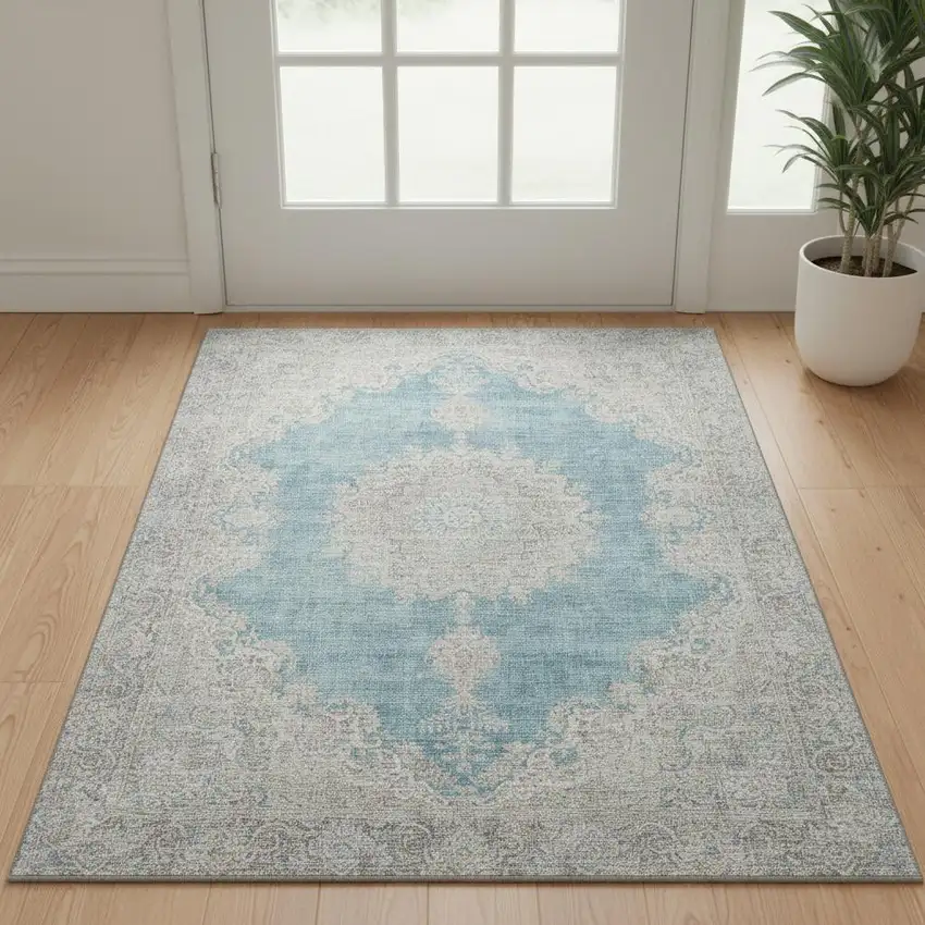 Teal Aqua And Gray Oriental Washable Area Rug With UV Protection Photo 2