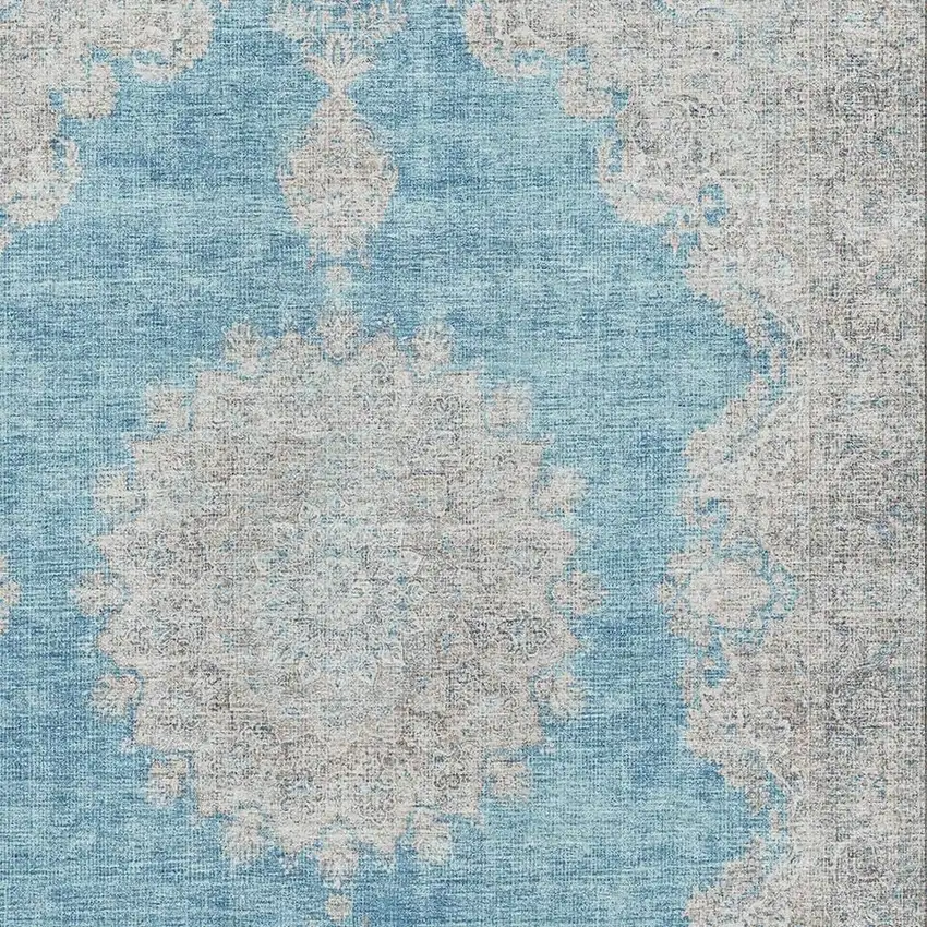 Teal Aqua And Gray Oriental Washable Area Rug With UV Protection Photo 2
