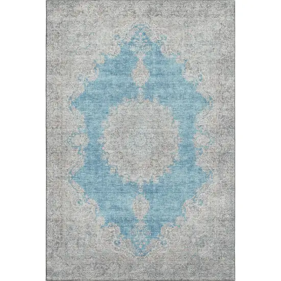 Teal Aqua And Gray Oriental Washable Area Rug With UV Protection Photo 1
