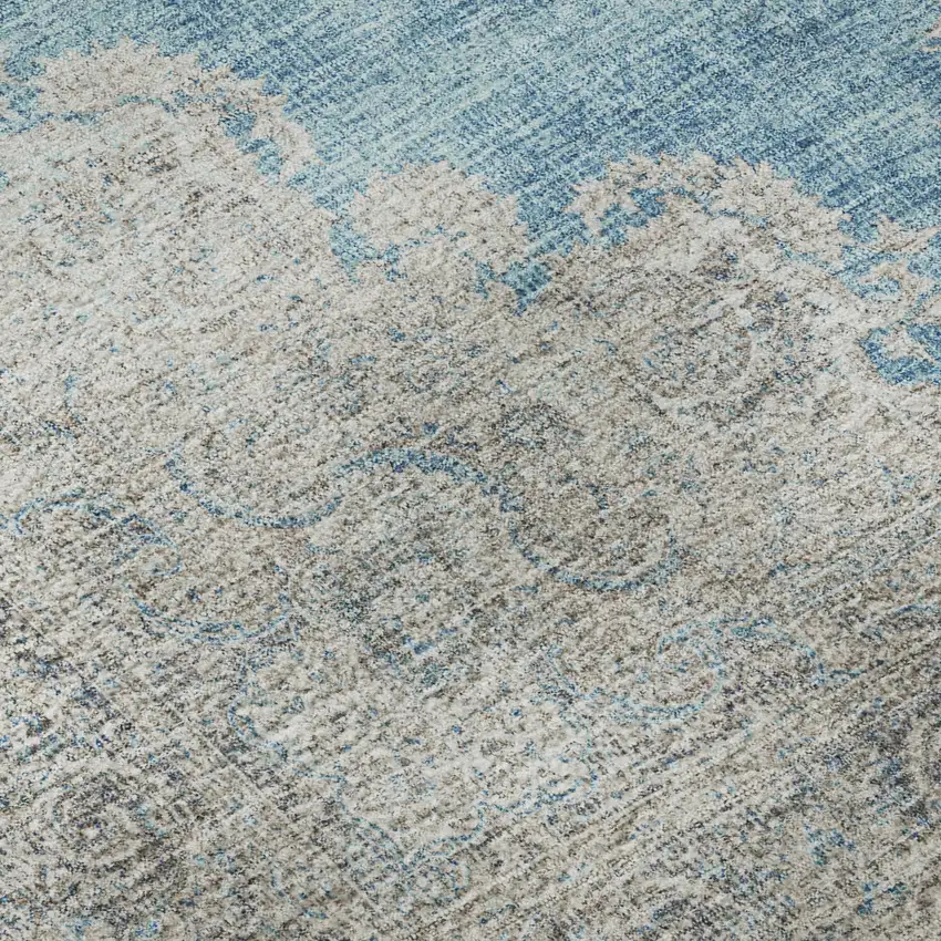 Teal Aqua And Gray Oriental Washable Area Rug With UV Protection Photo 9