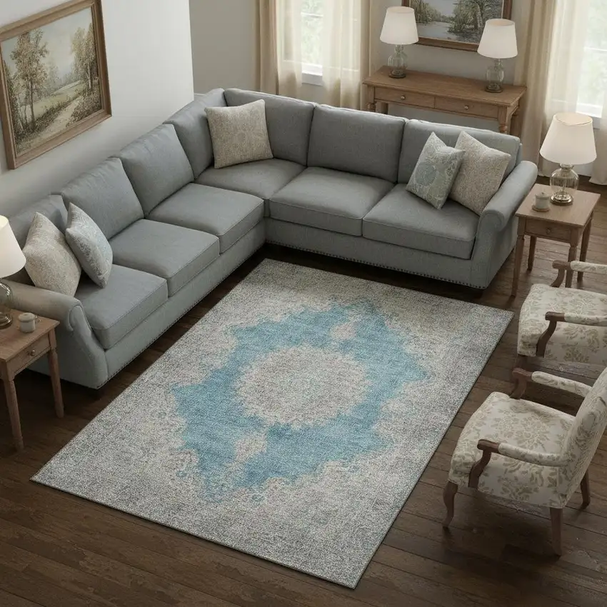 Teal Aqua And Gray Oriental Washable Area Rug With UV Protection Photo 2