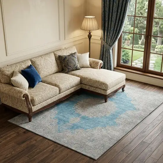 Teal Aqua And Gray Oriental Washable Area Rug With UV Protection Photo 1