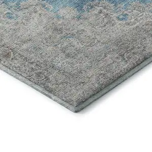 Photo of Teal Aqua And Gray Oriental Washable Area Rug With UV Protection