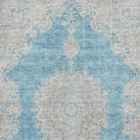 Teal Aqua And Gray Oriental Washable Area Rug With UV Protection Photo 2