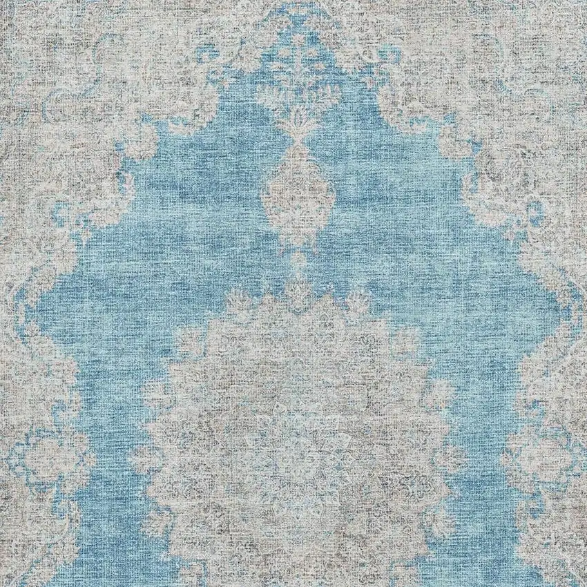 Teal Aqua And Gray Oriental Washable Area Rug With UV Protection Photo 2