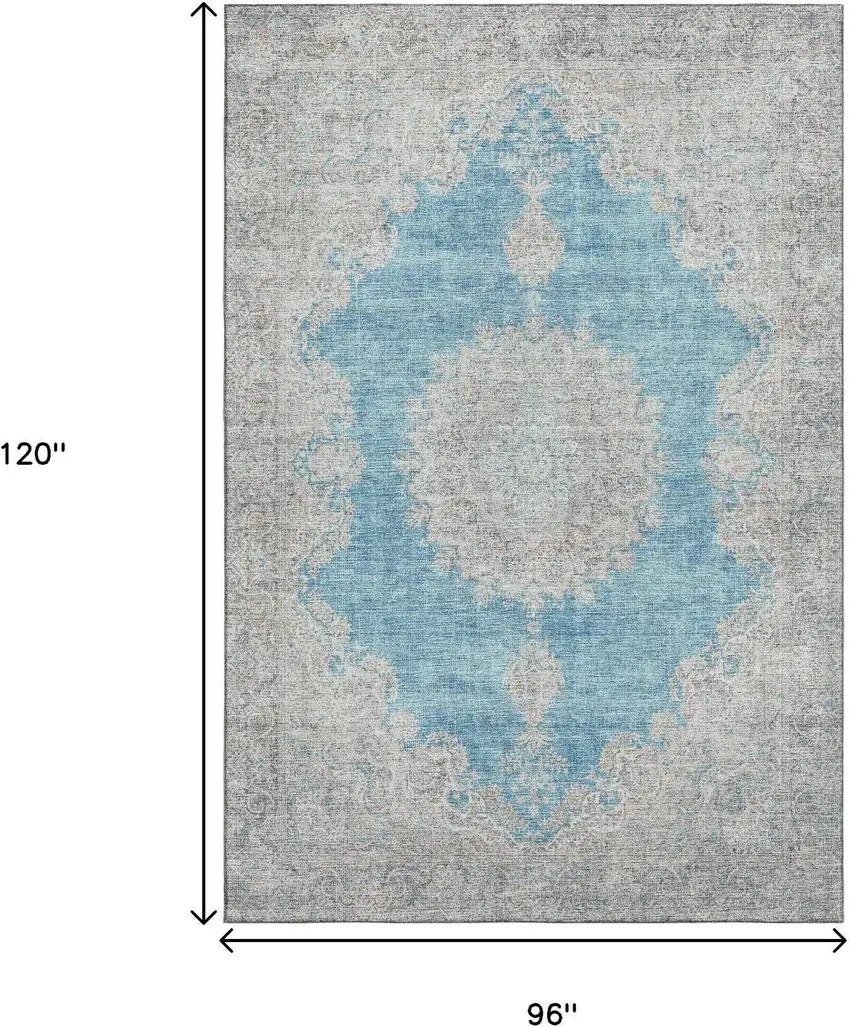 Teal Aqua And Gray Oriental Washable Area Rug With UV Protection Photo 7
