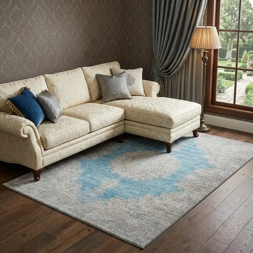 Teal Aqua And Gray Oriental Washable Area Rug With UV Protection Photo 1