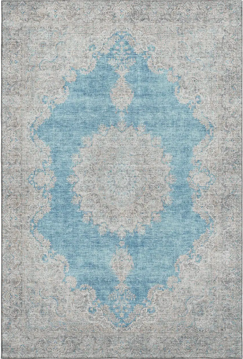 Teal Aqua And Gray Oriental Washable Area Rug With UV Protection Photo 1