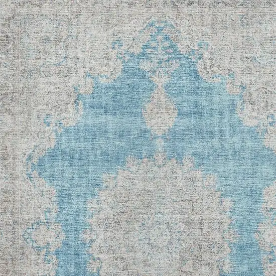 Teal Aqua And Gray Oriental Washable Area Rug With UV Protection Photo 2