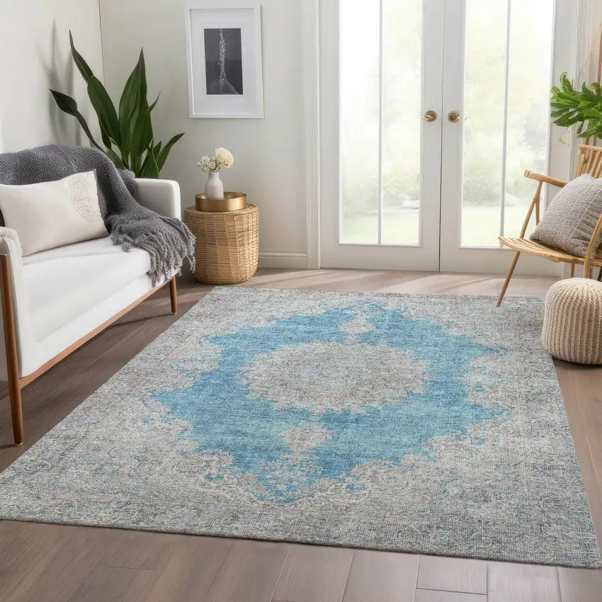Teal Aqua And Gray Oriental Washable Area Rug With UV Protection Photo 5
