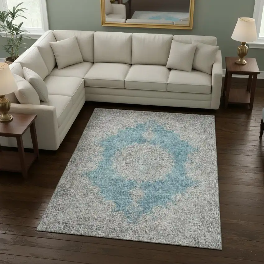 Teal Aqua And Gray Oriental Washable Area Rug With UV Protection Photo 2