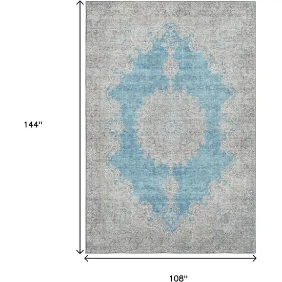 Teal Aqua And Gray Oriental Washable Area Rug With UV Protection Photo 7