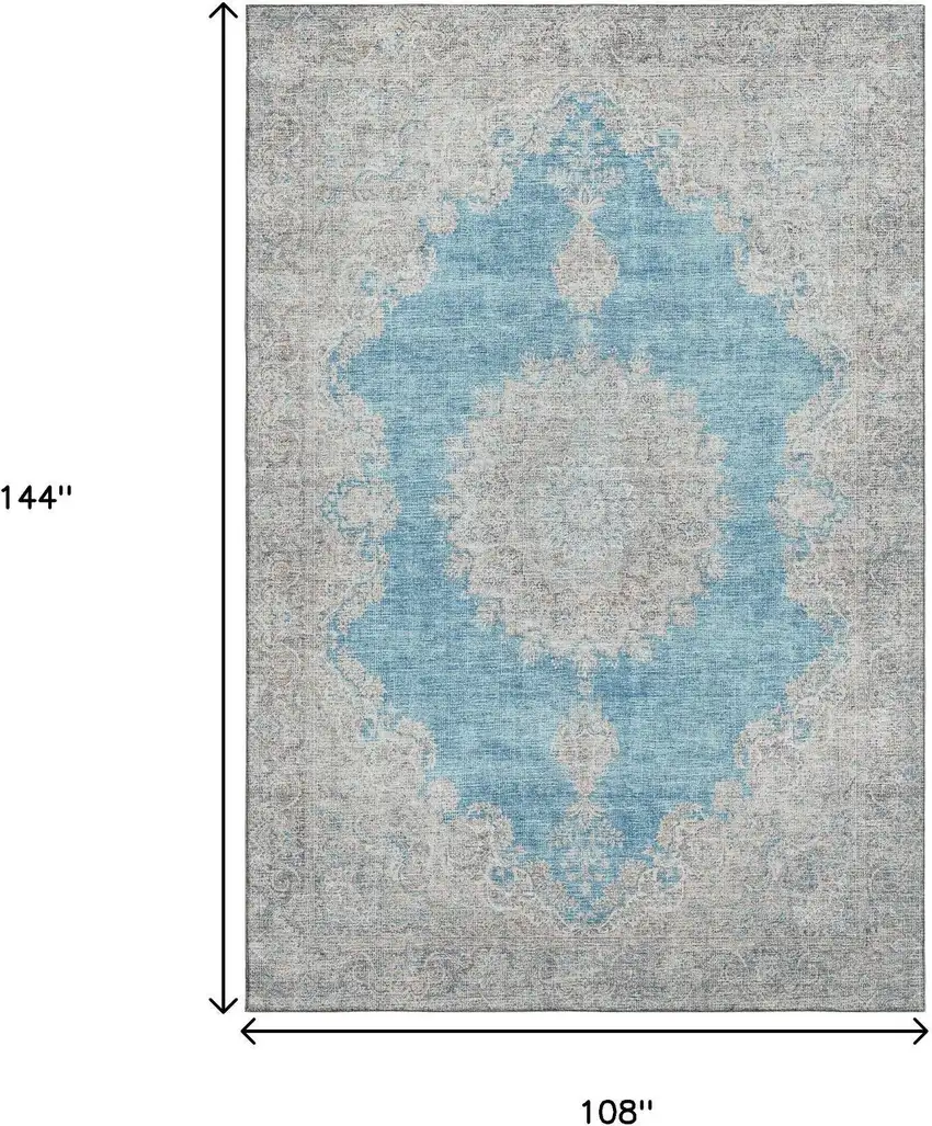 Teal Aqua And Gray Oriental Washable Area Rug With UV Protection Photo 7