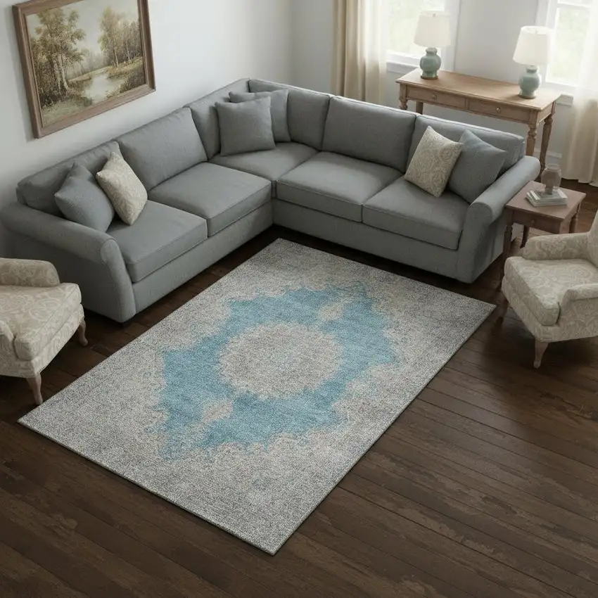 Teal Aqua And Gray Oriental Washable Area Rug With UV Protection Photo 2