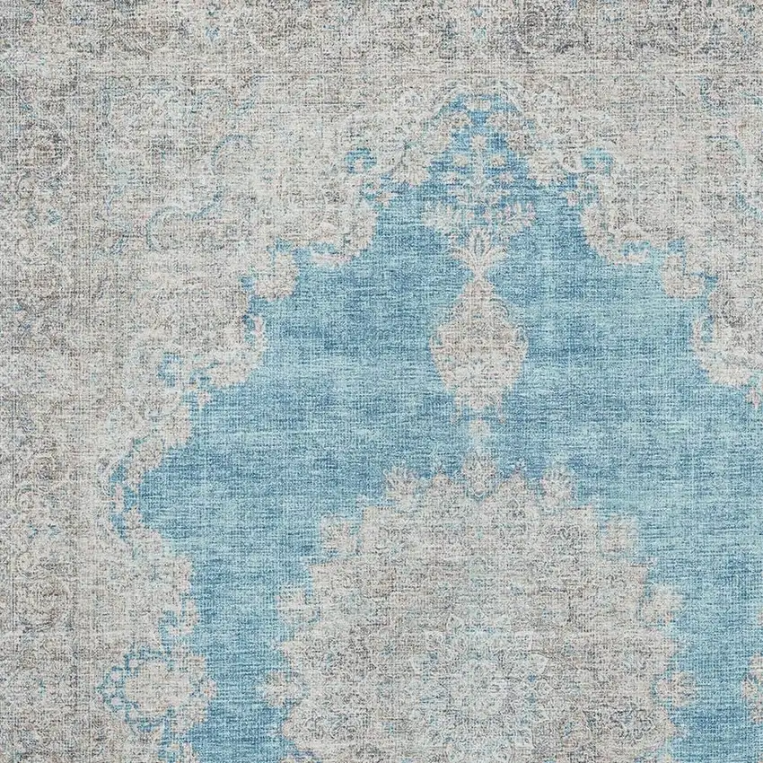 Teal Aqua And Gray Oriental Washable Area Rug With UV Protection Photo 2