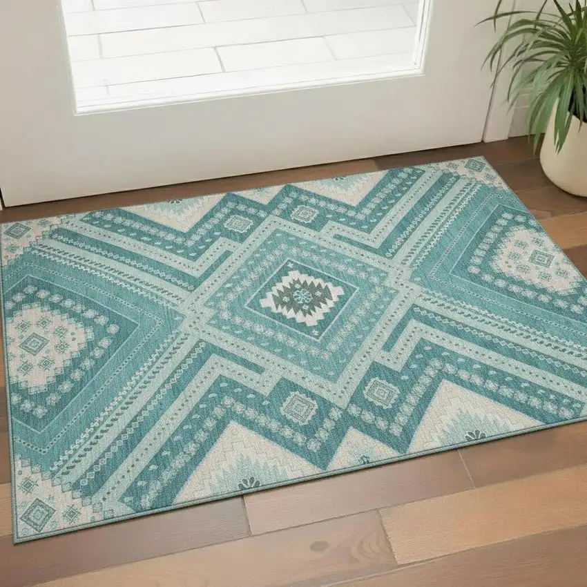 Teal Beige And Aqua Tribal Washable Area Rug With UV Protection Photo 2