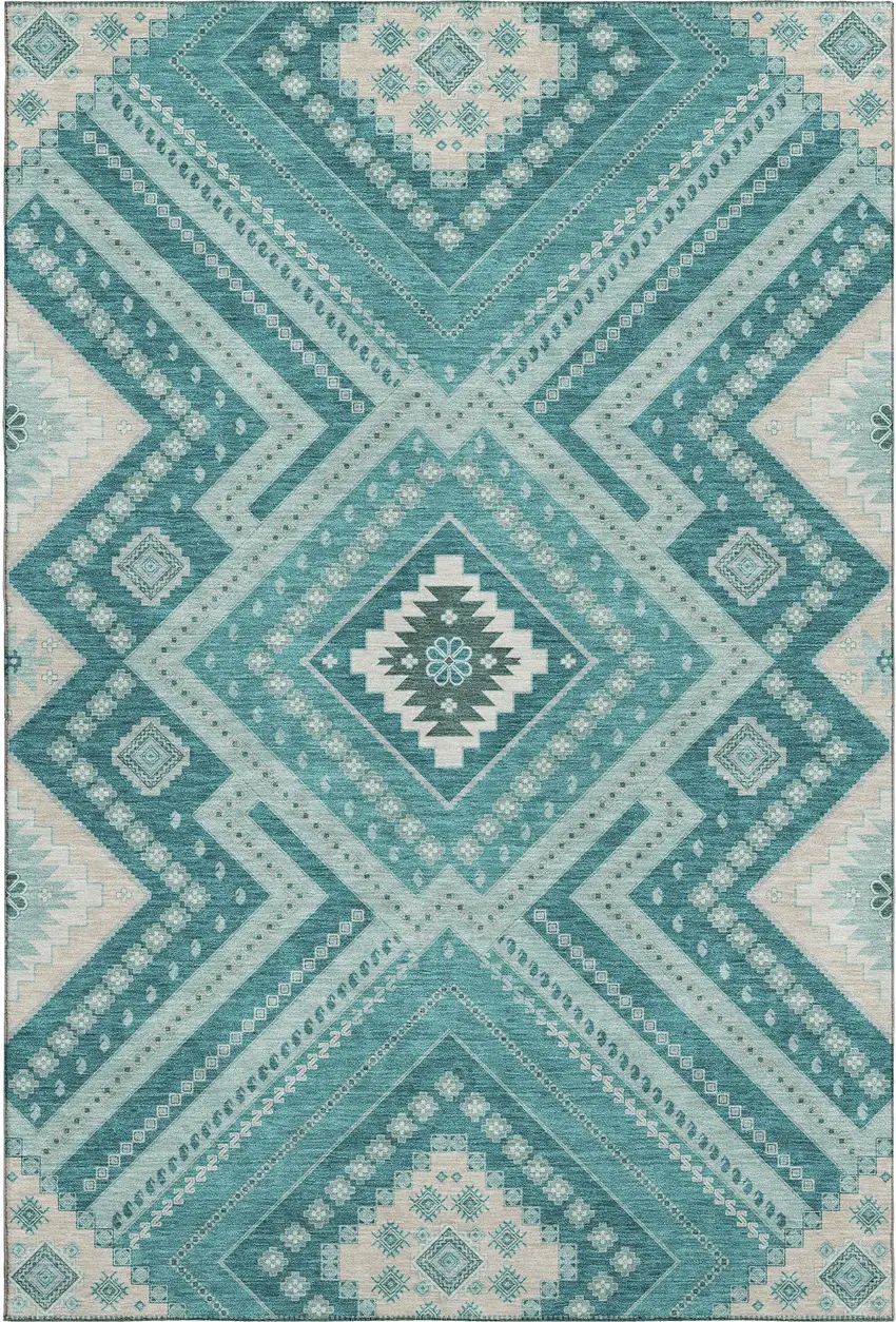 Teal Beige And Aqua Tribal Washable Area Rug With UV Protection Photo 1