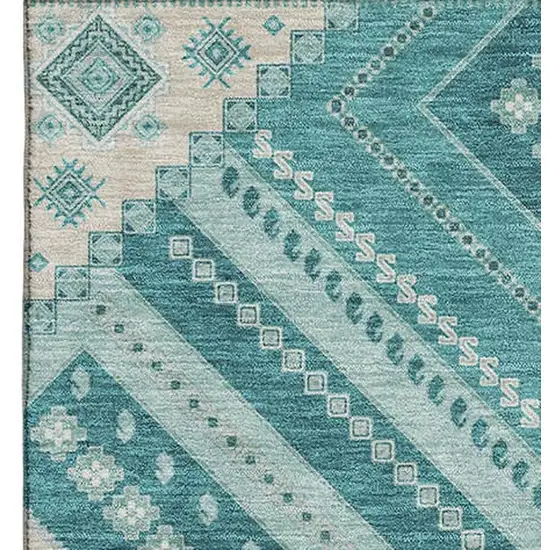 Teal Beige And Aqua Tribal Washable Area Rug With UV Protection Photo 2